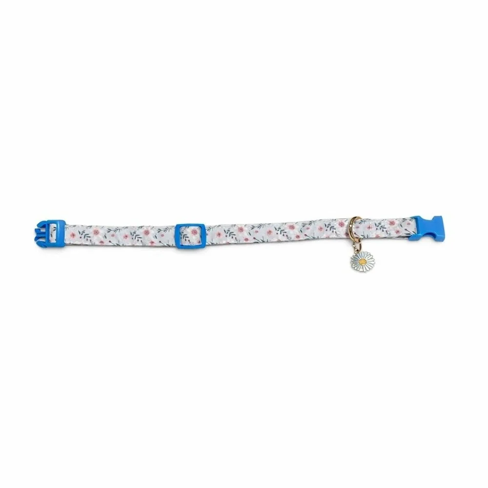 Raisingwell Small Dog Collar Blue Floral Print with Daisy Charm Adjustable S